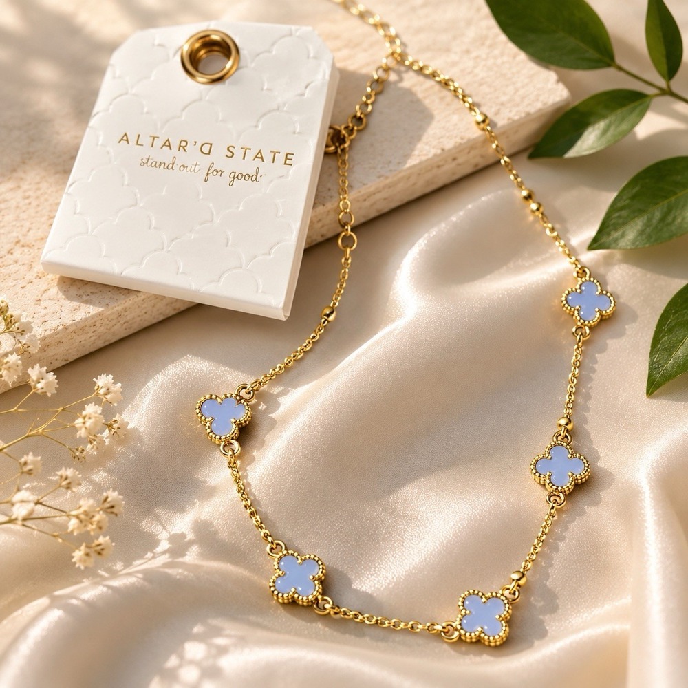 Altar'd State Gold Blue Clover Station Necklace NWT Floral Charm